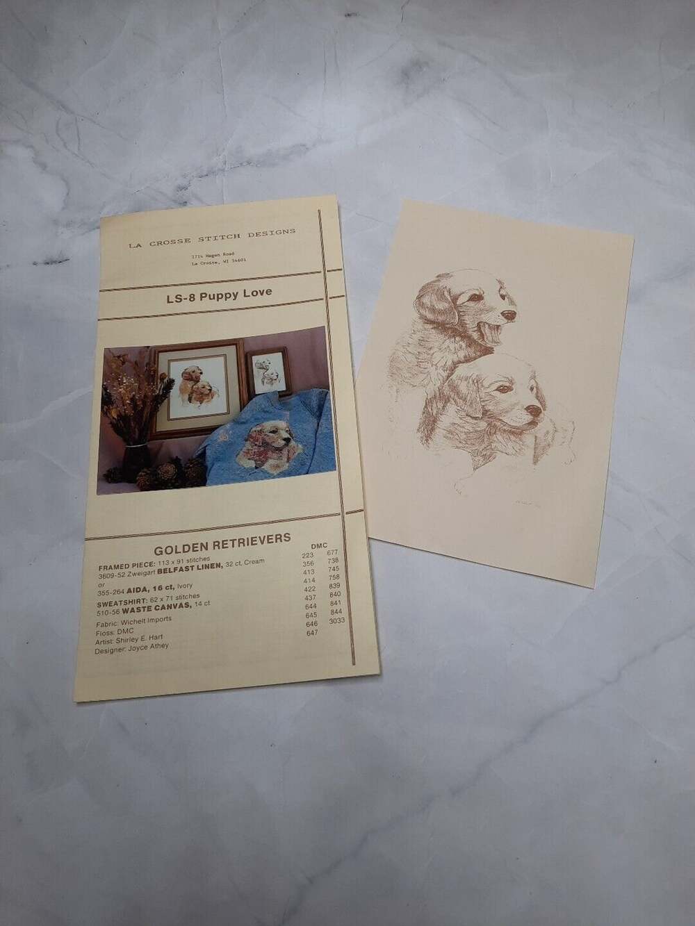 Vtg L.A Crosse Stitch Designs Puppy Love Golden Retrievers Cross Stitch Chart